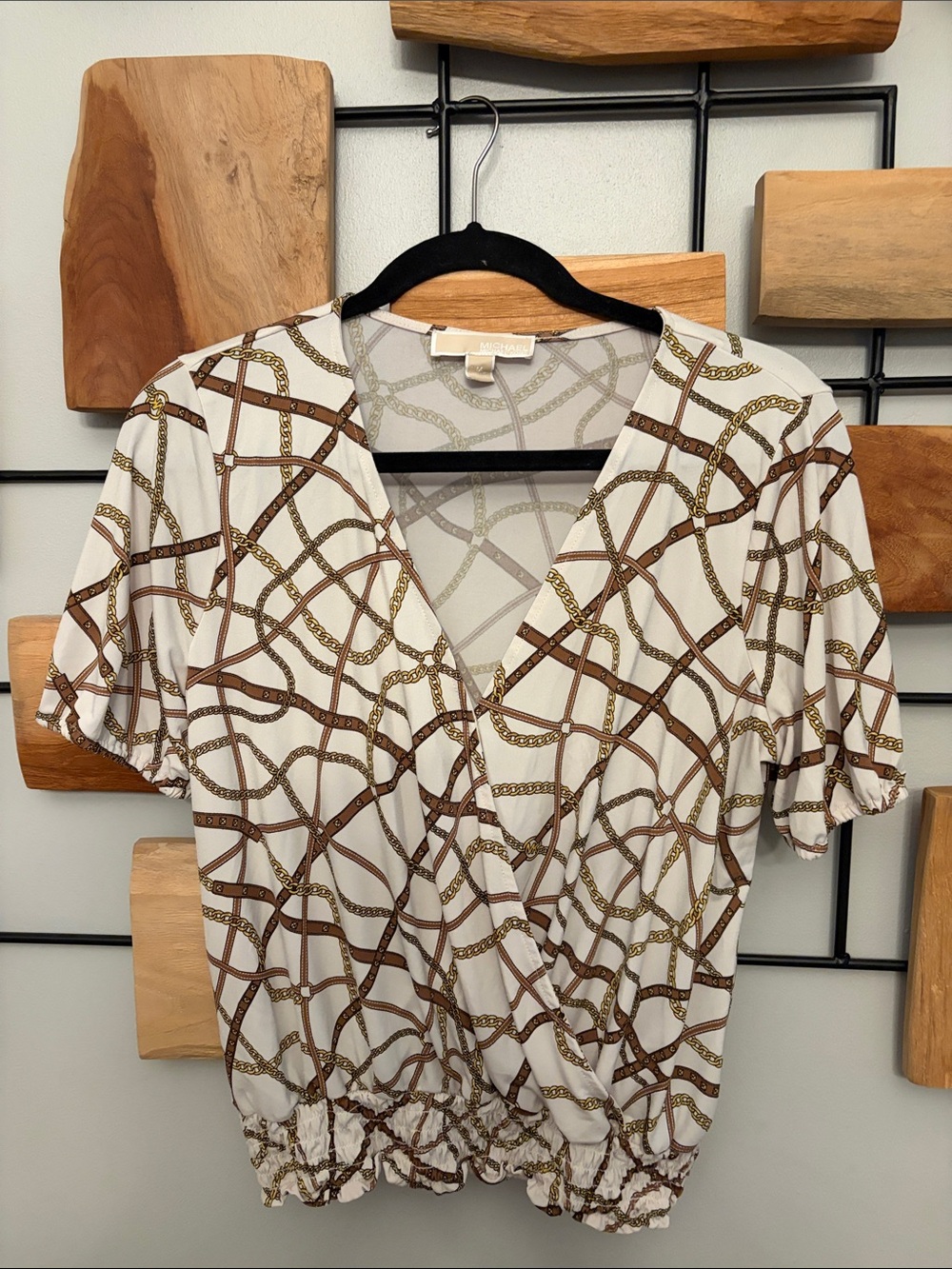 Michael Kors White and Brown Chain Print Blouse